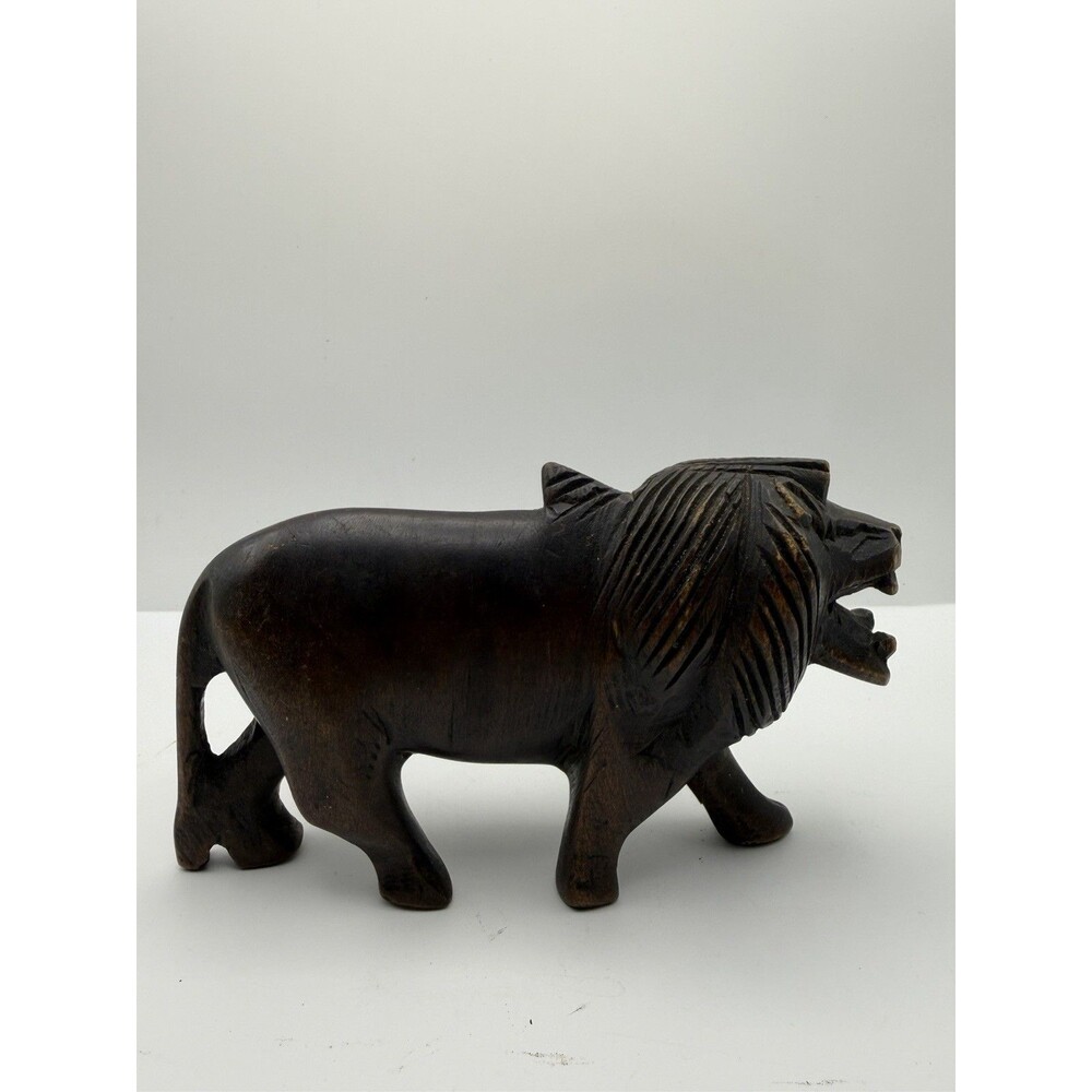 Vintage Hand Carved Wood Lion Figurine 6.5” Folk Art Dark Wood Sculpture